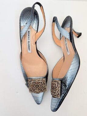 Manolo Blahnik Archive Python Slingback Heels Filigree Crystal Buckle EU 37.5
